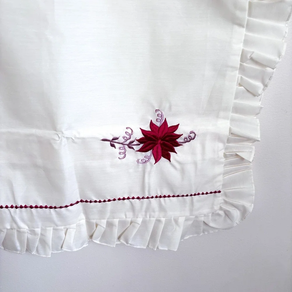 Vintage Floral Embroidered Ruffle Cottage Pillow Shams White Red Farmhouse 28X17